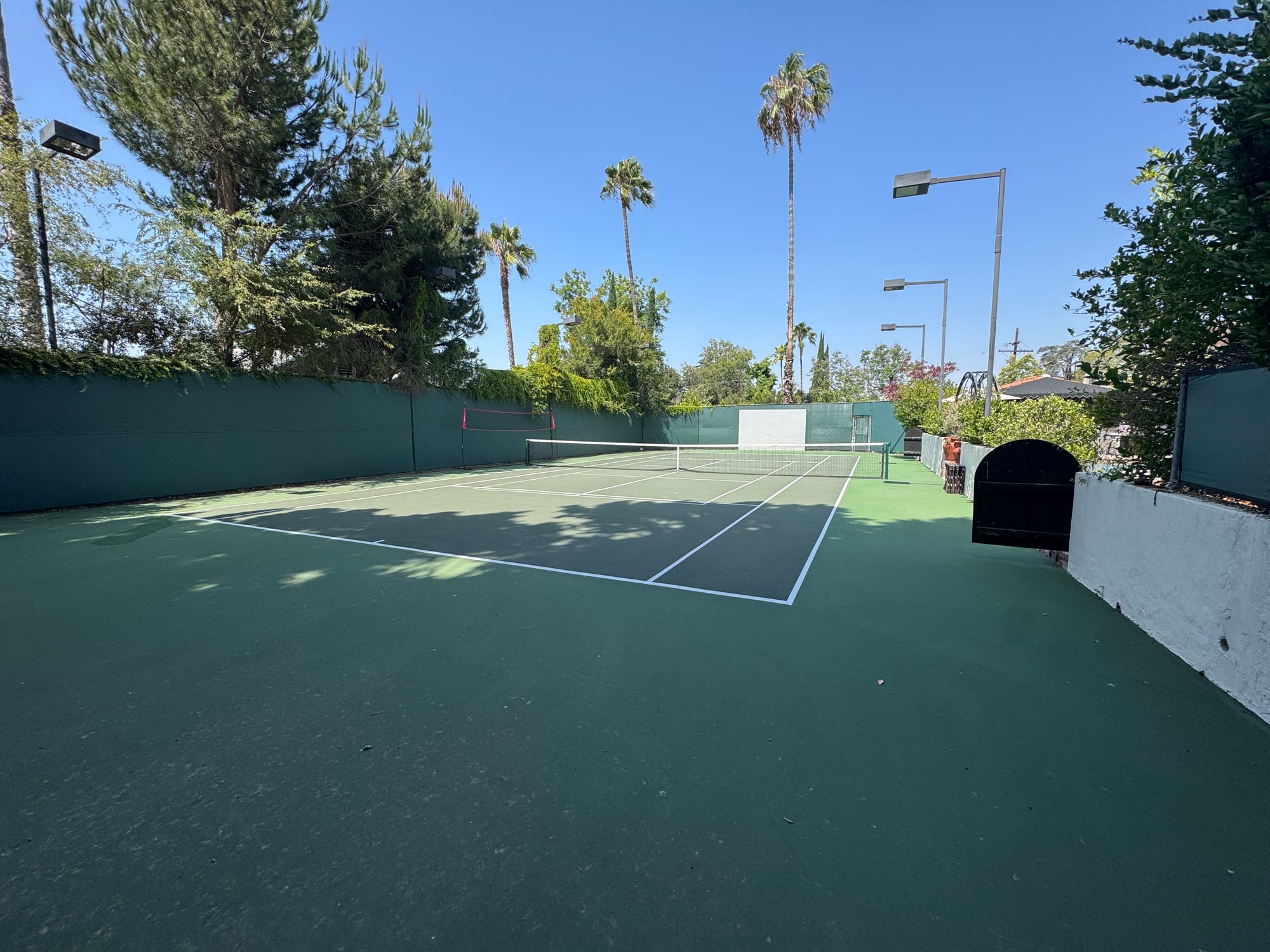 Full tennis court framed by palm trees